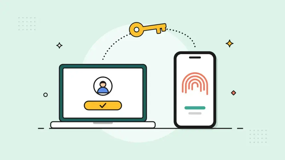 A phone showing a fingerprint sends a golden key across to a laptop that is already signed in.