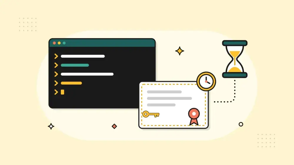A terminal window issues a sealed certificate stamped with a clock, while an hourglass beside it runs down.