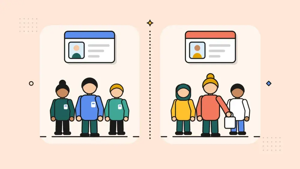 Two groups of people face each other across a dotted divide, staff under a blue ID card and customers under a coral one.