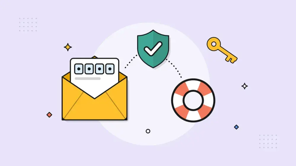 An open envelope reveals a one-time code card beside a life ring, a spare key and a check-marked shield.