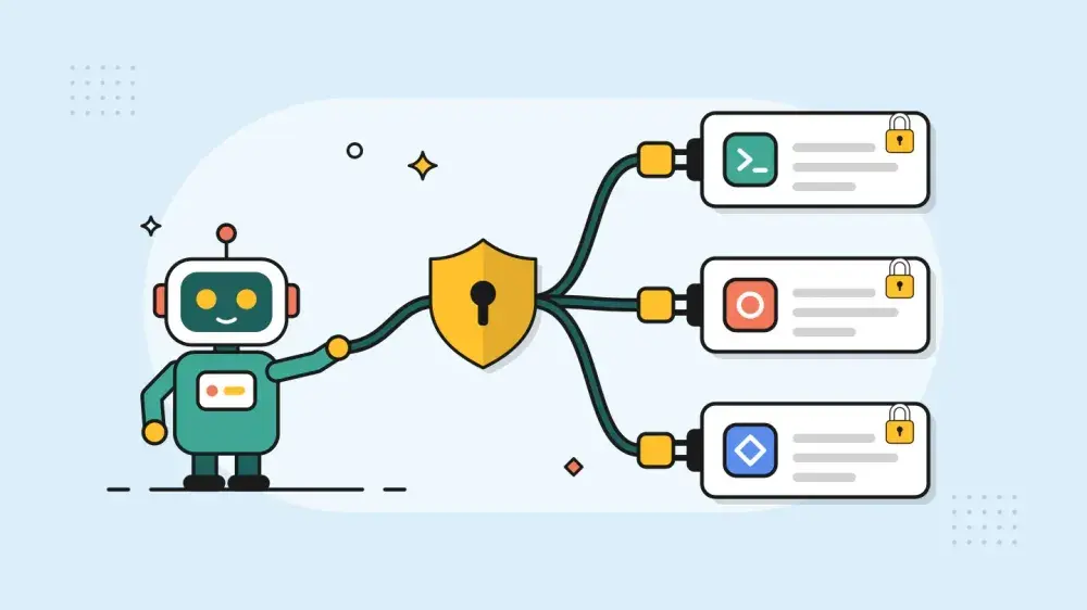 A robot connects through a keyhole shield to three tool cards, each plugged in by a cable and marked with a small padlock.