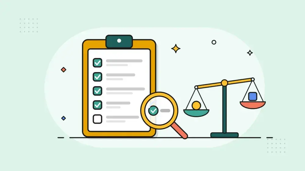A clipboard with ticked checklist rows stands beside a magnifying glass and a balance scale weighing two options.