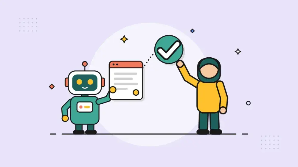 A robot holds out a request card while a person beside it reaches up to a large green check mark, approving the action.