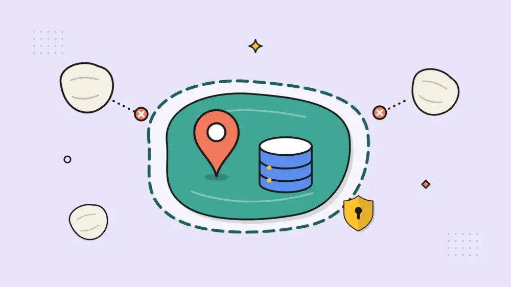 A map pin and a database sit inside one teal region ringed by a dashed border, with other regions kept outside it.