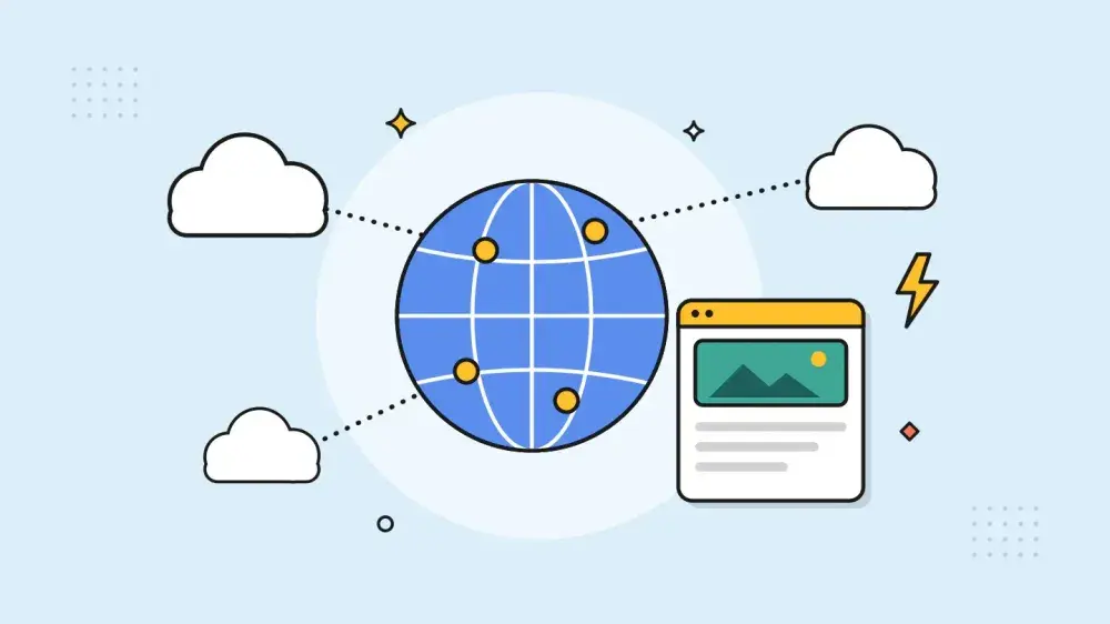A blue globe dotted with yellow nodes sits among white clouds, linked by dotted lines to a page card.