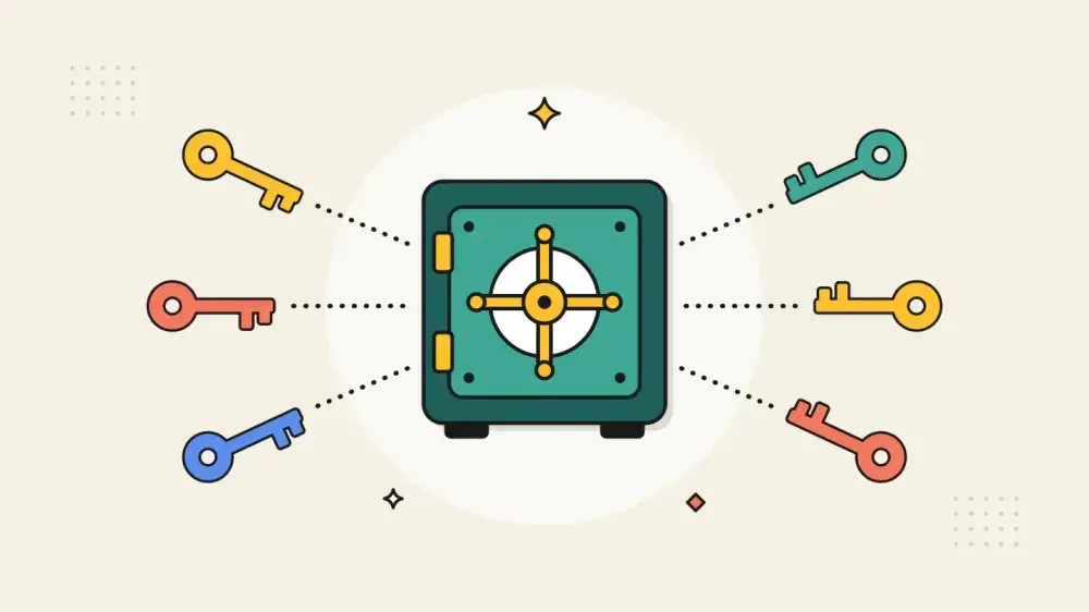 Six coloured keys travel along dotted trails from every side into one sturdy teal vault at the centre.