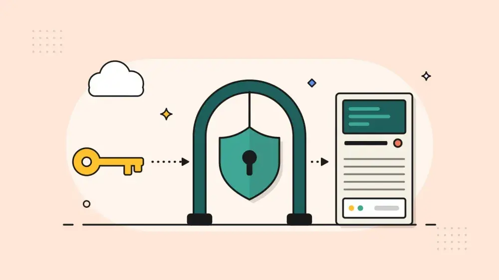 A key approaches a shield hanging in an archway that stands in front of an old boxy server, guarding it without changing it.