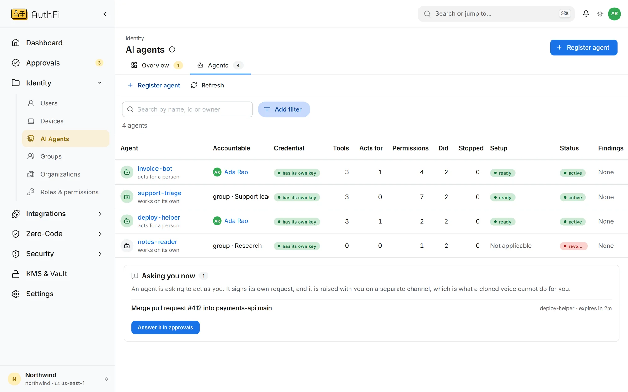 The AI agents list in the AuthFI console.