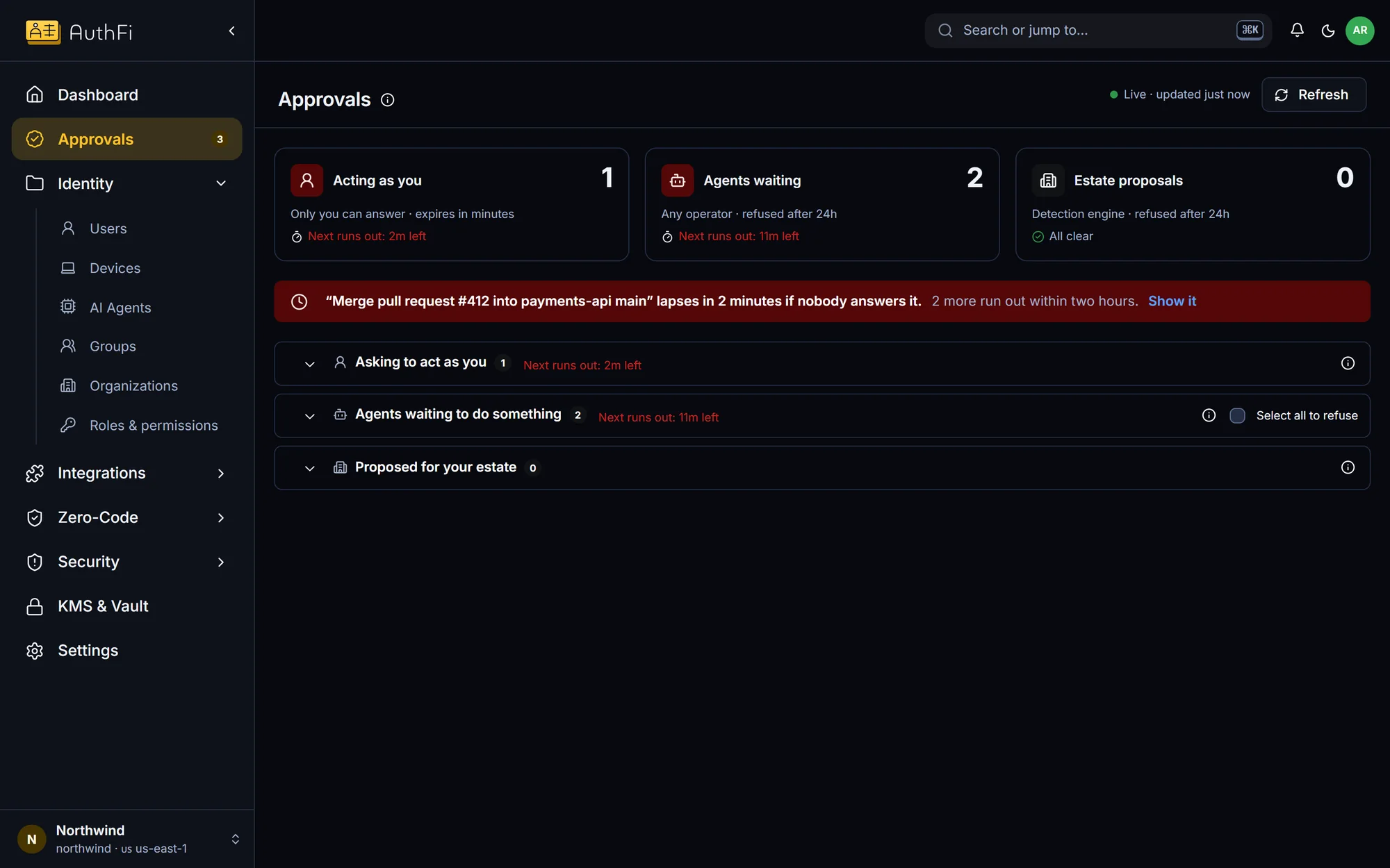 The approvals page in the AuthFI console.