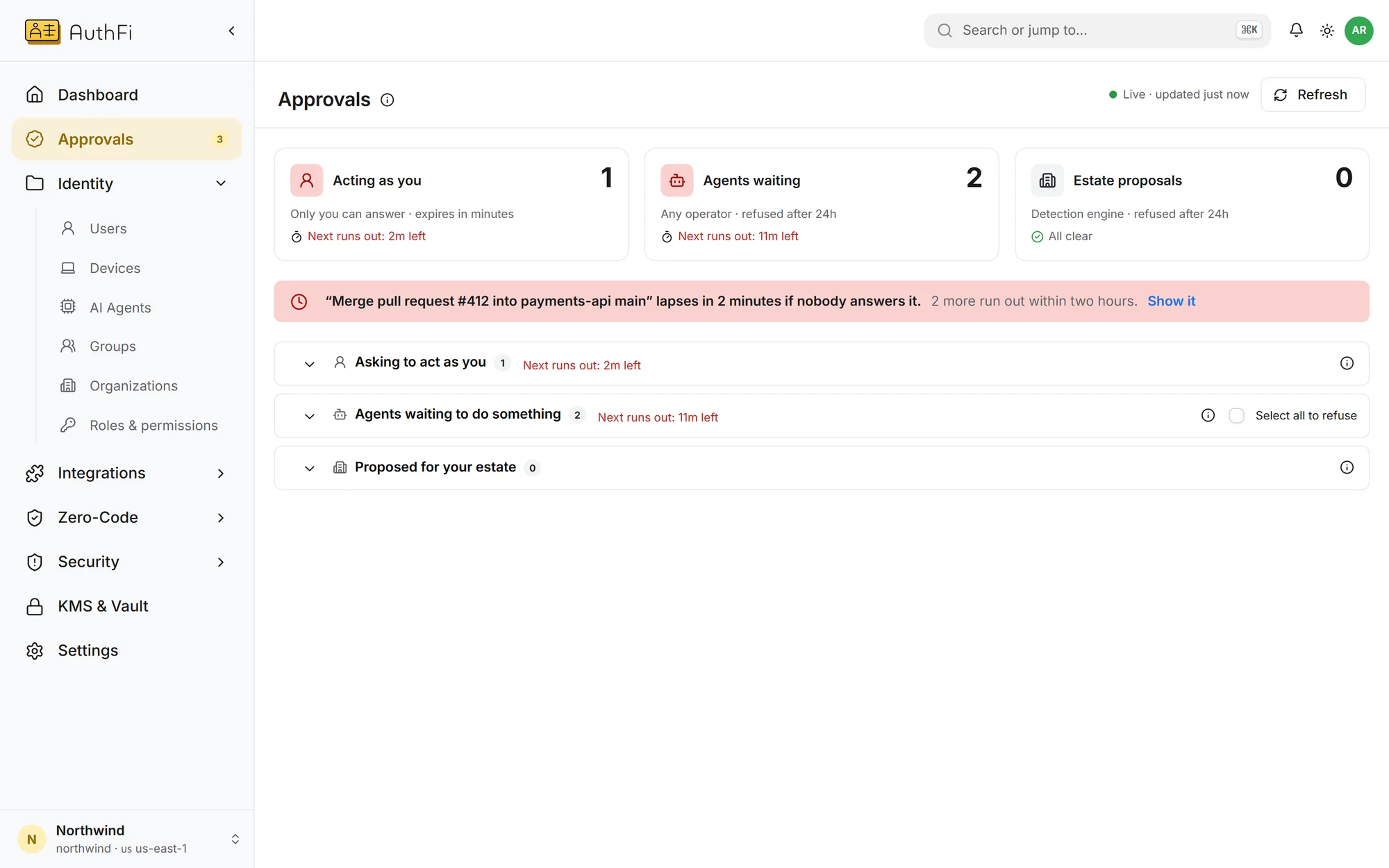 The approvals page in the AuthFI console.