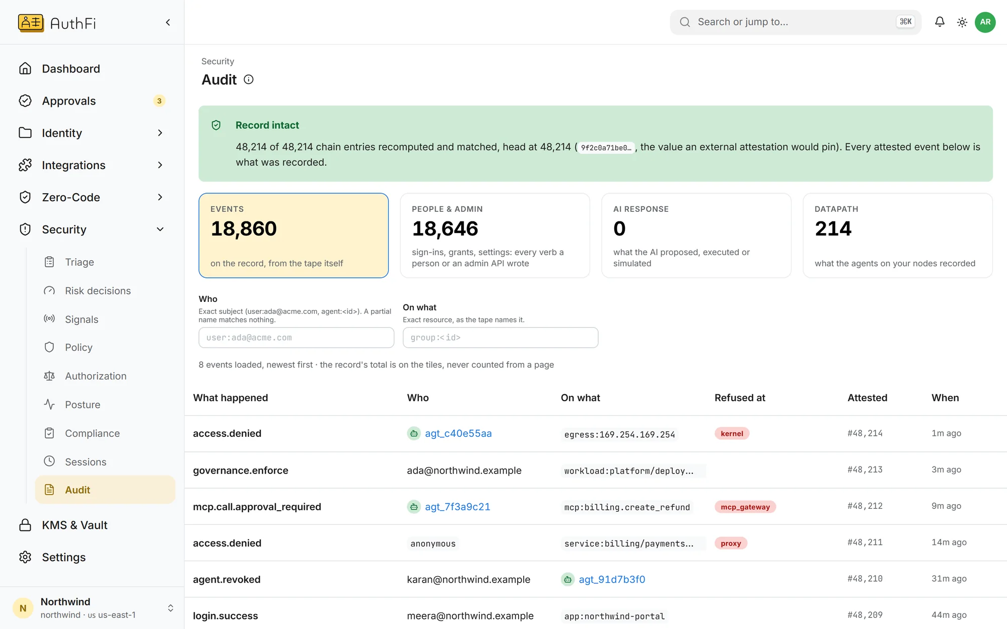 The audit record in the AuthFI console.