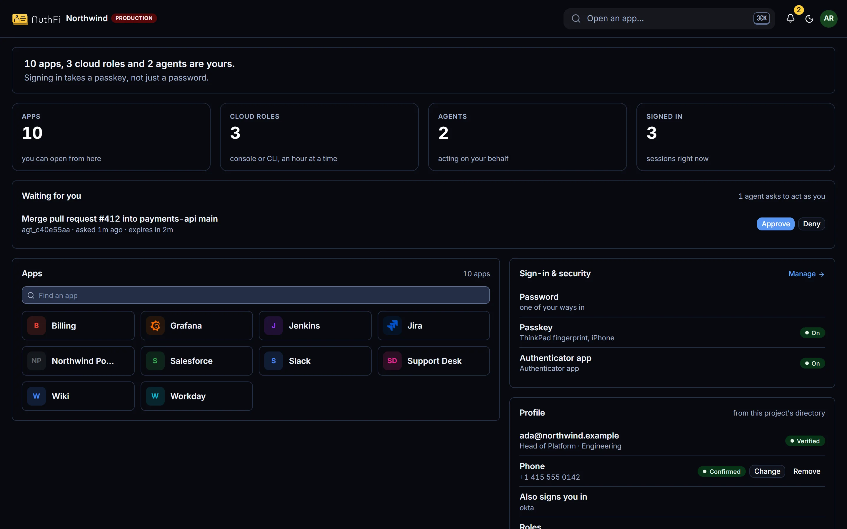 A person's workspace: their apps, cloud roles, agents and sign-in methods.
