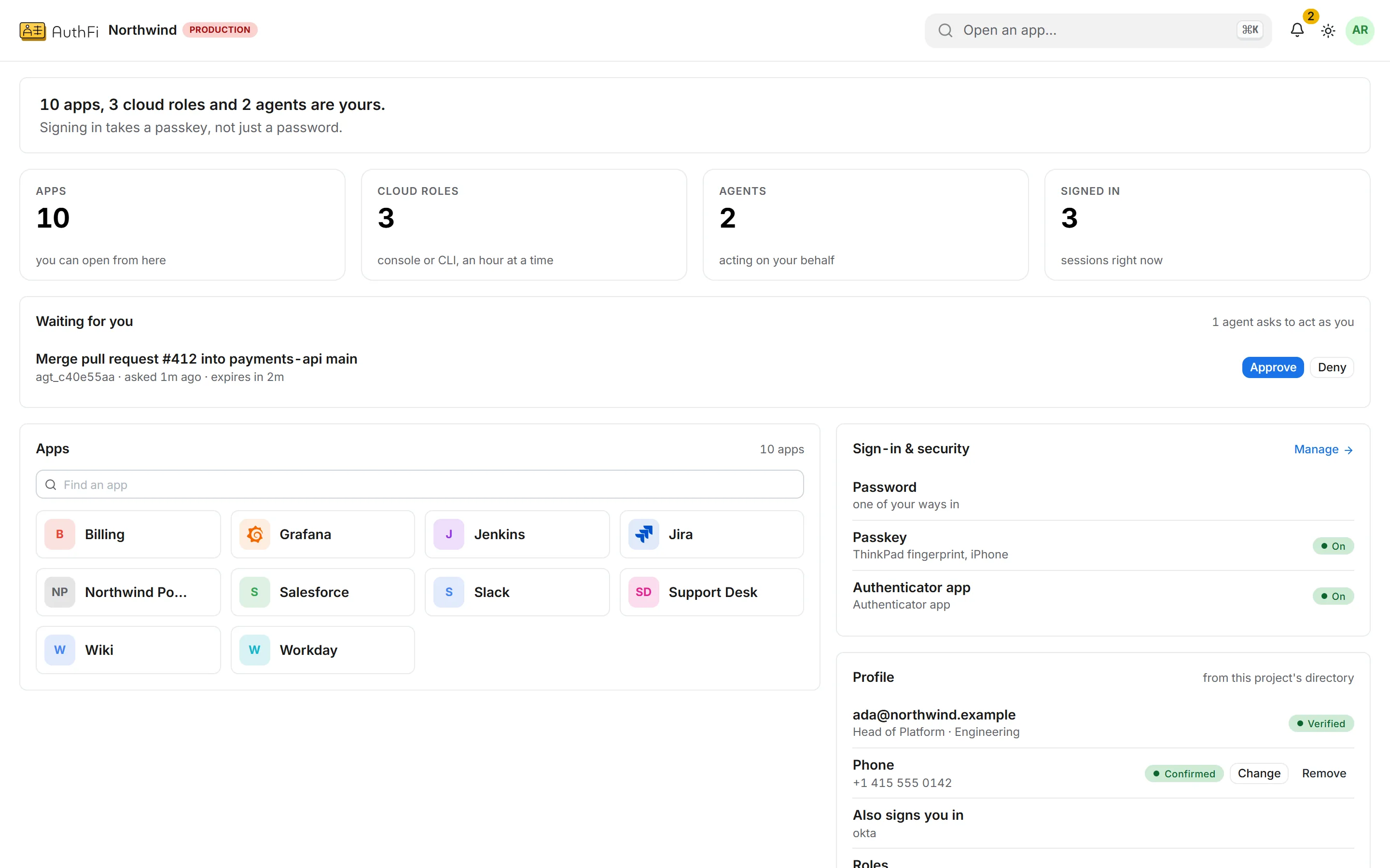 A person's workspace: their apps, cloud roles, agents and sign-in methods.